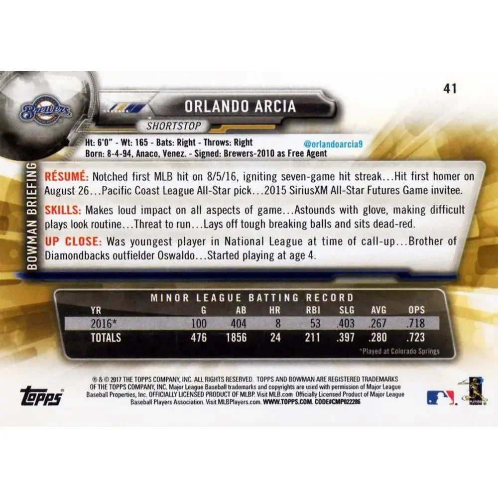 2017 Bowman Orlando ArciaÂ  RC # 41 Milwaukee Brewers